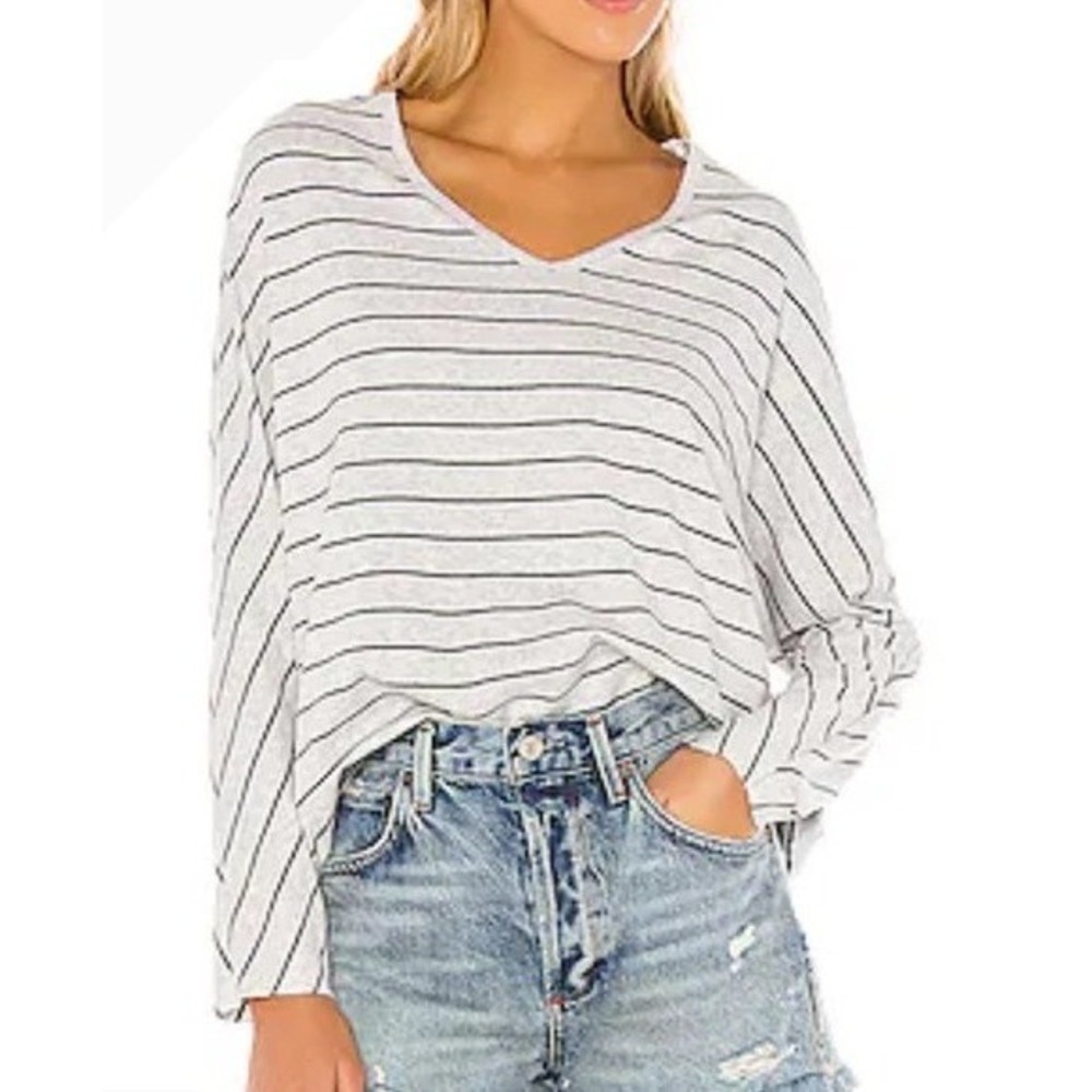 Frank & Eileen Tee Lab Shirt Women‎ Medium Gray Green Striped V Neck Tee Preppy